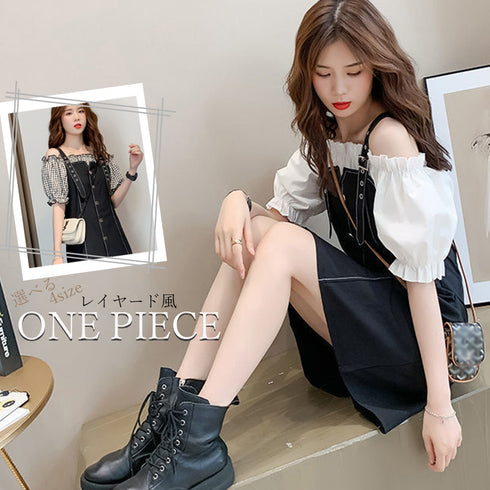 ワンピース 学生風 フリル襟 チェック柄 Aライン 配色 レディース ボリューム半袖 ひざ上丈スカート 可愛い レイヤード風 89HYF-002