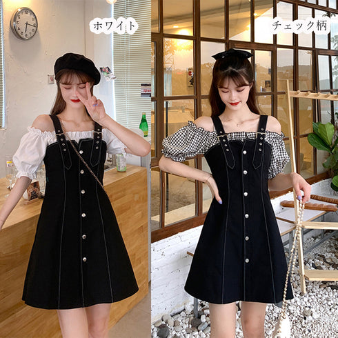 ワンピース 学生風 フリル襟 チェック柄 Aライン 配色 レディース ボリューム半袖 ひざ上丈スカート 可愛い レイヤード風 89HYF-002