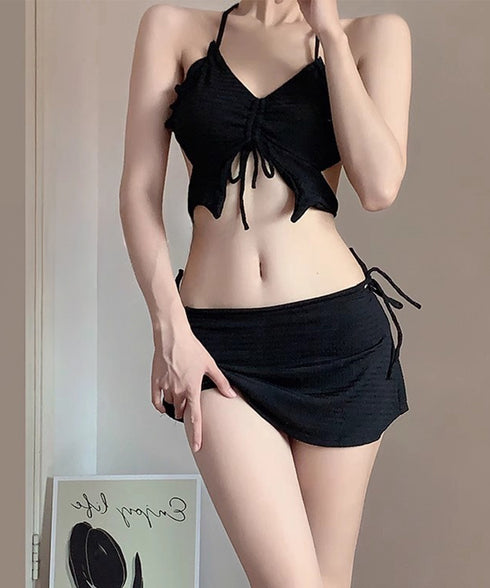 ビキニ水着3点セット セパレートギャザー レディース水着 可愛い 水着セット セクシー胸元 盛れるスイムウェア 背中見せ水着 夏海 ビーチウェア 無地 上下セット 89KANAN-001