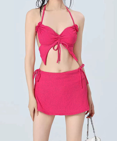 ビキニ水着3点セット セパレートギャザー レディース水着 可愛い 水着セット セクシー胸元 盛れるスイムウェア 背中見せ水着 夏海 ビーチウェア 無地 上下セット 89KANAN-001