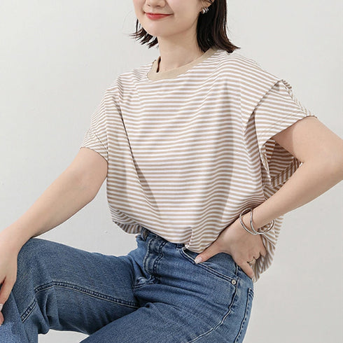 ショルダータックTシャツ レディース半袖 ボーダー柄トップス プルオーバーラウンドネック フレンチ袖 肩タック カットソー シンプルカジュアル通勤通学クルーネック 89KING-005