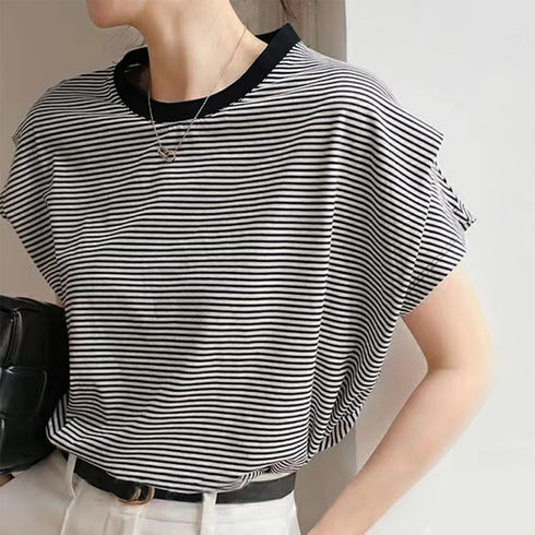 ショルダータックTシャツ レディース半袖 ボーダー柄トップス プルオーバーラウンドネック フレンチ袖 肩タック カットソー シンプルカジュアル通勤通学クルーネック 89KING-005