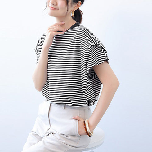 ショルダータックTシャツ レディース半袖 ボーダー柄トップス プルオーバーラウンドネック フレンチ袖 肩タック カットソー シンプルカジュアル通勤通学クルーネック 89KING-005