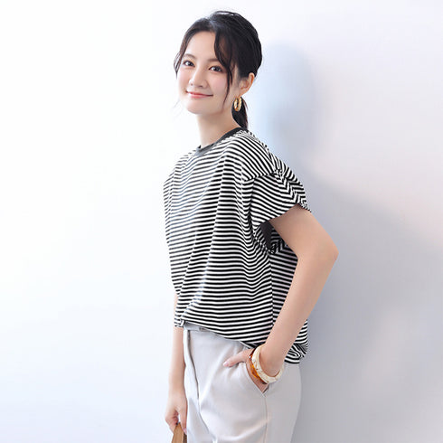 ショルダータックTシャツ レディース半袖 ボーダー柄トップス プルオーバーラウンドネック フレンチ袖 肩タック カットソー シンプルカジュアル通勤通学クルーネック 89KING-005