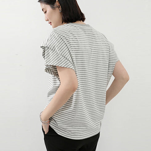 ショルダータックTシャツ レディース半袖 ボーダー柄トップス プルオーバーラウンドネック フレンチ袖 肩タック カットソー シンプルカジュアル通勤通学クルーネック 89KING-005