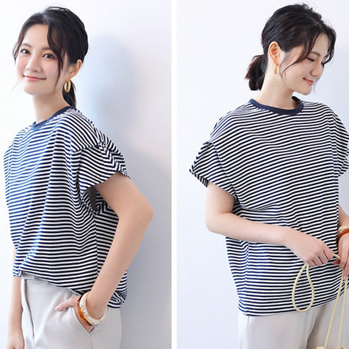 ショルダータックTシャツ レディース半袖 ボーダー柄トップス プルオーバーラウンドネック フレンチ袖 肩タック カットソー シンプルカジュアル通勤通学クルーネック 89KING-005