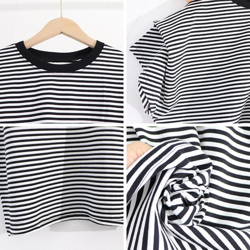 ショルダータックTシャツ レディース半袖 ボーダー柄トップス プルオーバーラウンドネック フレンチ袖 肩タック カットソー シンプルカジュアル通勤通学クルーネック 89KING-005