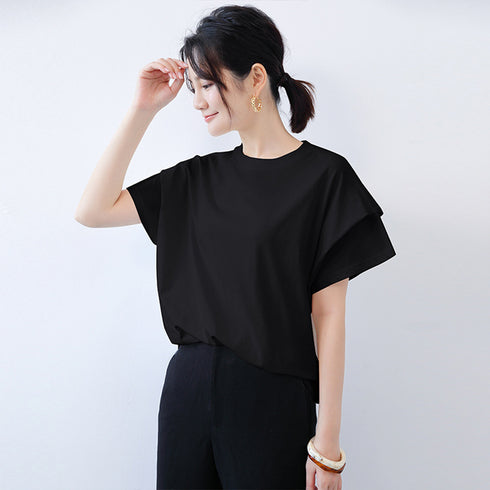 ショルダータックTシャツ レディース半袖 ボーダー柄トップス プルオーバーラウンドネック フレンチ袖 肩タック カットソー シンプルカジュアル通勤通学クルーネック 89KING-005