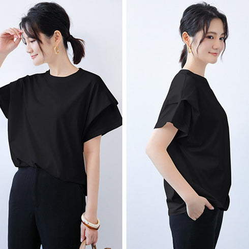 ショルダータックTシャツ レディース半袖 ボーダー柄トップス プルオーバーラウンドネック フレンチ袖 肩タック カットソー シンプルカジュアル通勤通学クルーネック 89KING-005