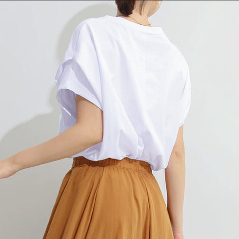 ショルダータックTシャツ レディース半袖 ボーダー柄トップス プルオーバーラウンドネック フレンチ袖 肩タック カットソー シンプルカジュアル通勤通学クルーネック 89KING-005