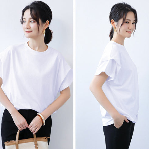 ショルダータックTシャツ レディース半袖 ボーダー柄トップス プルオーバーラウンドネック フレンチ袖 肩タック カットソー シンプルカジュアル通勤通学クルーネック 89KING-005