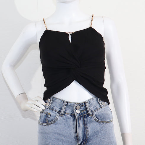 ニットキャミソール オフショルダー 夏 サマーニット ツイスト インナー へそ出し トップス ギャザー ビスチェ レディース セクシー シルエット カジュアル 89LAIFA-001