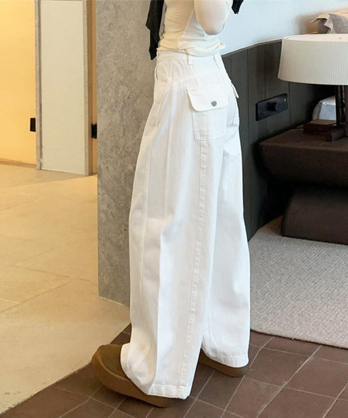 ワイドデニムパンツ 美脚ストレート韓国風 ハイウエストパンツ レディース ロングズボン オシャレ 大人 カジュアルパンツ 無地 オールシーズン 脚長 ポケット付き 89LIANGT-001