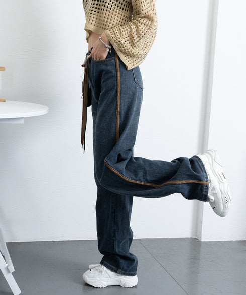 デニムパンツ 長ズボンハイウエスト美脚 レディース デニムセミワイドパンツ ロングパンツ ストレートパンツ カジュアル ズボン 韓国風 ジーンズ ボトムス 89LONGF-001