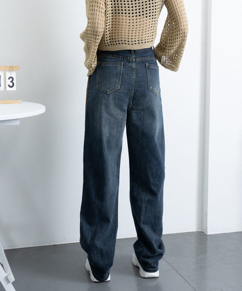 デニムパンツ 長ズボンハイウエスト美脚 レディース デニムセミワイドパンツ ロングパンツ ストレートパンツ カジュアル ズボン 韓国風 ジーンズ ボトムス 89LONGF-001
