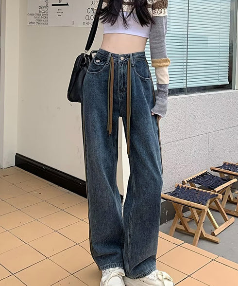 デニムパンツ 長ズボンハイウエスト美脚 レディース デニムセミワイドパンツ ロングパンツ ストレートパンツ カジュアル ズボン 韓国風 ジーンズ ボトムス 89LONGF-001