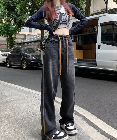 デニムパンツ 長ズボンハイウエスト美脚 レディース デニムセミワイドパンツ ロングパンツ ストレートパンツ カジュアル ズボン 韓国風 ジーンズ ボトムス 89LONGF-001