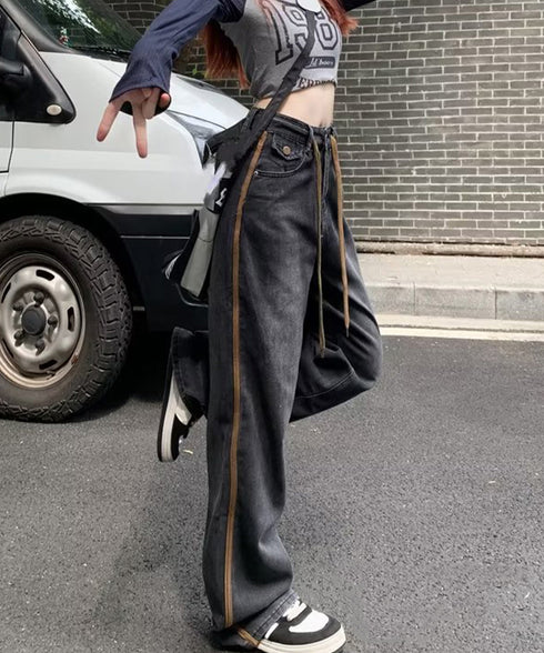 デニムパンツ 長ズボンハイウエスト美脚 レディース デニムセミワイドパンツ ロングパンツ ストレートパンツ カジュアル ズボン 韓国風 ジーンズ ボトムス 89LONGF-001
