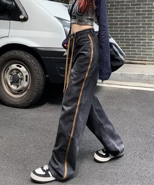 デニムパンツ 長ズボンハイウエスト美脚 レディース デニムセミワイドパンツ ロングパンツ ストレートパンツ カジュアル ズボン 韓国風 ジーンズ ボトムス 89LONGF-001