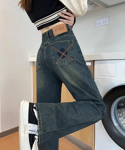 ヴィンテージデニムパンツ レディース レトロ風ジーンズ ハイウエスト ウォッシュデニム 美脚脚長 セミワイドパンツ フルレングス 着やせジーパン 体型カバー 89LONGF-003