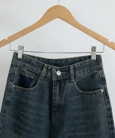 ヴィンテージデニムパンツ レディース レトロ風ジーンズ ハイウエスト ウォッシュデニム 美脚脚長 セミワイドパンツ フルレングス 着やせジーパン 体型カバー 89LONGF-003
