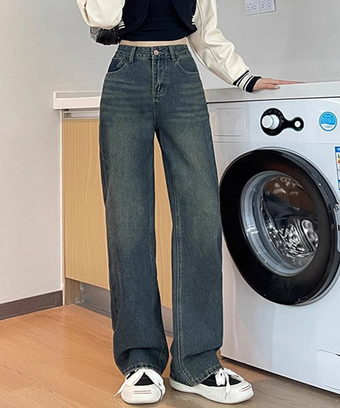 ヴィンテージデニムパンツ レディース レトロ風ジーンズ ハイウエスト ウォッシュデニム 美脚脚長 セミワイドパンツ フルレングス 着やせジーパン 体型カバー 89LONGF-003