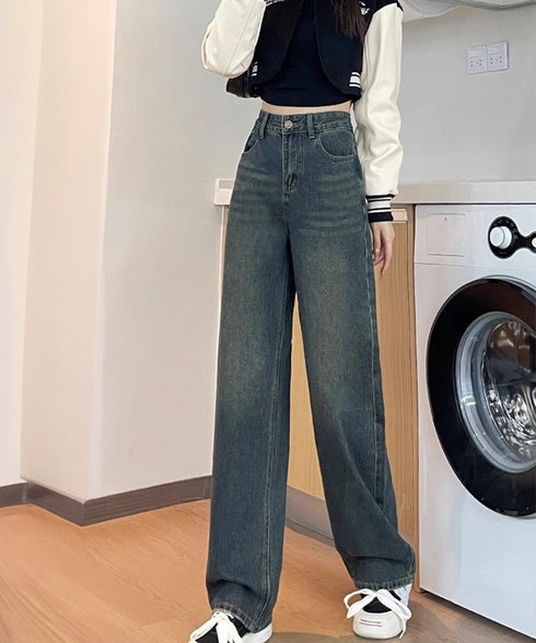 ヴィンテージデニムパンツ レディース レトロ風ジーンズ ハイウエスト ウォッシュデニム 美脚脚長 セミワイドパンツ フルレングス 着やせジーパン 体型カバー 89LONGF-003