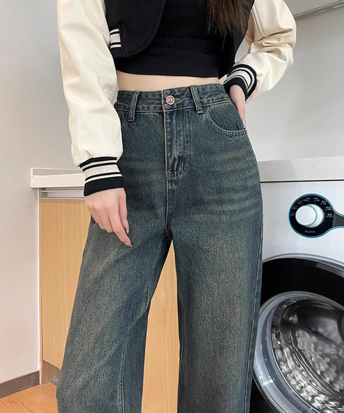 ヴィンテージデニムパンツ レディース レトロ風ジーンズ ハイウエスト ウォッシュデニム 美脚脚長 セミワイドパンツ フルレングス 着やせジーパン 体型カバー 89LONGF-003