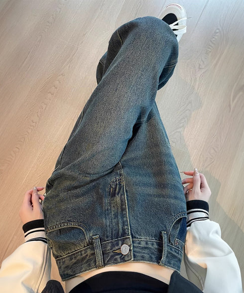 ヴィンテージデニムパンツ レディース レトロ風ジーンズ ハイウエスト ウォッシュデニム 美脚脚長 セミワイドパンツ フルレングス 着やせジーパン 体型カバー 89LONGF-003