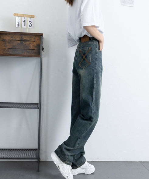 ヴィンテージデニムパンツ レディース レトロ風ジーンズ ハイウエスト ウォッシュデニム 美脚脚長 セミワイドパンツ フルレングス 着やせジーパン 体型カバー 89LONGF-003