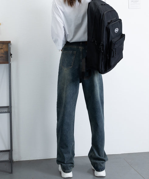 ヴィンテージデニムパンツ レディース レトロ風ジーンズ ハイウエスト ウォッシュデニム 美脚脚長 セミワイドパンツ フルレングス 着やせジーパン 体型カバー 89LONGF-003
