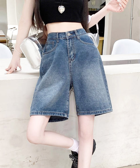 デニムショートパンツ ハイウエスト美脚夏 レディース ワイドシルエット ボトムス 短パン 体型カバー 着やせ 半ズボン 大人カジュアル ハーフパンツ ロールアップ 89LONGF-004