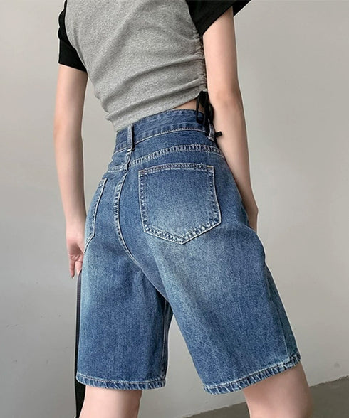 デニムショートパンツ ハイウエスト美脚夏 レディース ワイドシルエット ボトムス 短パン 体型カバー 着やせ 半ズボン 大人カジュアル ハーフパンツ ロールアップ 89LONGF-004