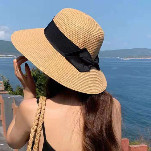 麦わら帽子 ストローハットリボン付き夏帽 レディース 紫外線UV対策帽子 つば広 ビーチ帽子 春夏 日よけ帽子 折りたたみ UVケア リゾートハット アウトドア 89MAOZI-001