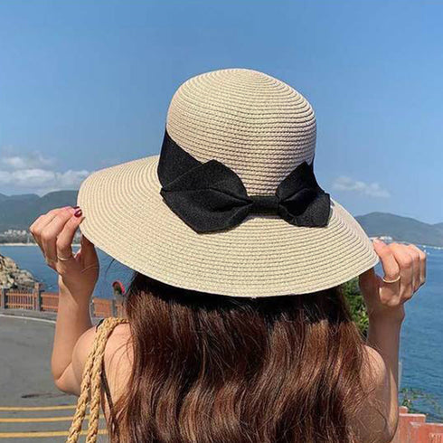 麦わら帽子 ストローハットリボン付き夏帽 レディース 紫外線UV対策帽子 つば広 ビーチ帽子 春夏 日よけ帽子 折りたたみ UVケア リゾートハット アウトドア 89MAOZI-001