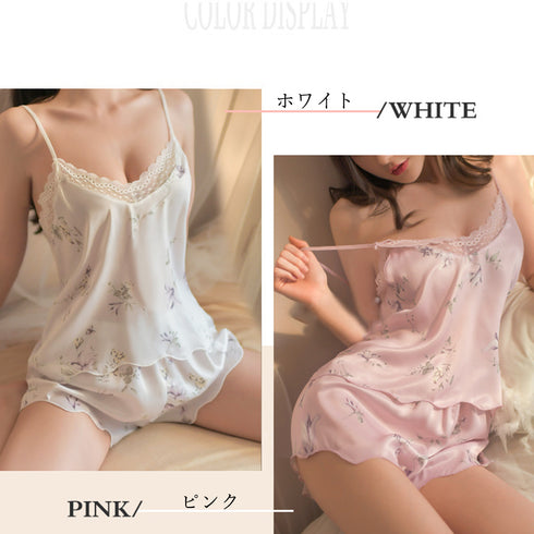 ルームウェア上下セット パジャマ 部屋着 レディース 花柄 セットアップ セクシー 大人可愛い Vネック ショートパンツ パジャマ2点セット 体型カバーフェミニン 89MEIER-007