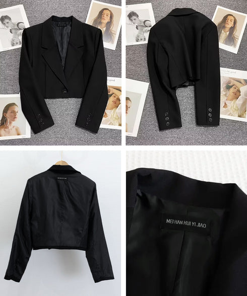 ショート丈テーラードジャケット韓国風秋服 クロップド丈 長袖ジャケット ライトアウター 体型カバー レディース 羽織り 大人女子 通勤 無地 コンパクトシルエット 89MEIHAN-002