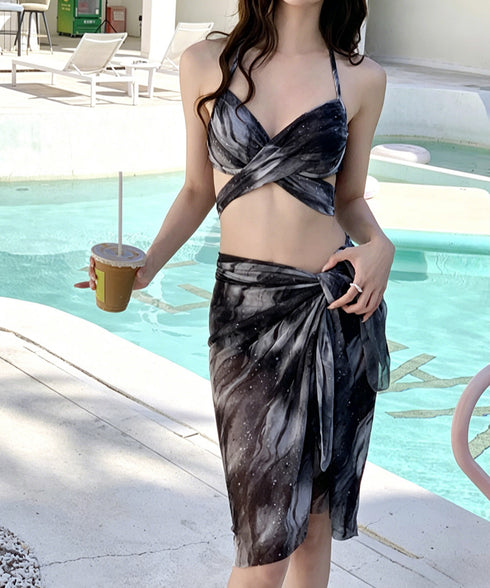 セクシービキニ ホルターネック上下セット ビキニ3点セット クロスバンドゥ水着 レディース ハイウエスト 2wayビーチウェアバックリボン パレオ付き 89MIAOM-002