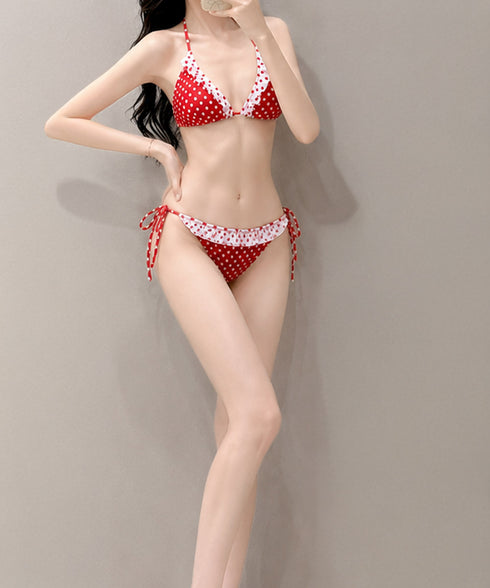 ドット柄ビキニ 4点セット露出控えめ水着 タンキニ水着セット レディース ラッシュガード付きスイムウェア 体型カバーフリル水着 女性 海水浴 水遊びみずぎ 韓国風 89MIAOM-005