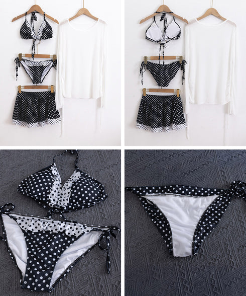 ドット柄ビキニ 4点セット露出控えめ水着 タンキニ水着セット レディース ラッシュガード付きスイムウェア 体型カバーフリル水着 女性 海水浴 水遊びみずぎ 韓国風 89MIAOM-005