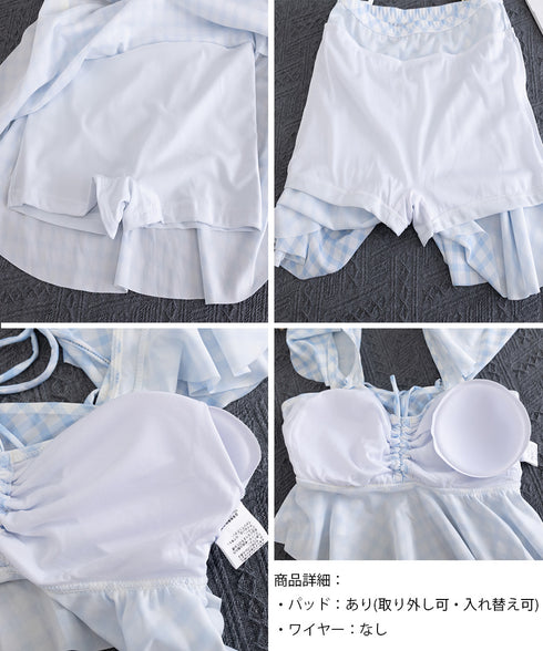 フリルセパレート水着2点セットチェック柄 体型カバー水着 レディース スイムウェア上下セット シャーリング水着 インナーパンツ付き フレアスカート 大人可愛い水着 89MIAOM-008