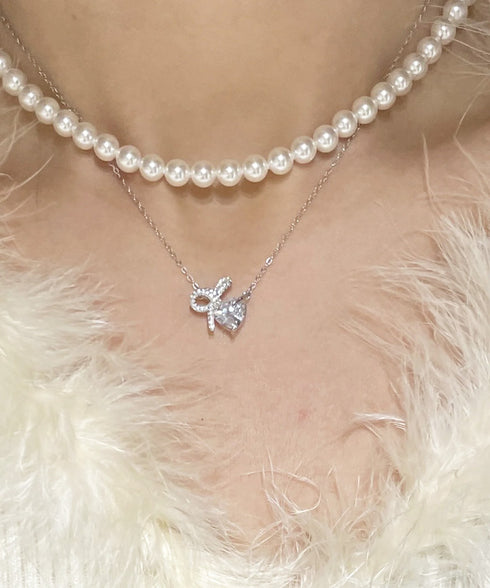 ハートモチーフネックレスペンダント韓国風 プチプラ アクセサリー 一粒ラインストーン 大人フェミニン チェーンネックレス リボンモチーフ きらきら 輝くジュエリー 89MIGE-001