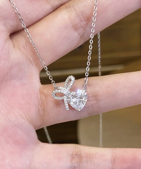 ハートモチーフネックレスペンダント韓国風 プチプラ アクセサリー 一粒ラインストーン 大人フェミニン チェーンネックレス リボンモチーフ きらきら 輝くジュエリー 89MIGE-001