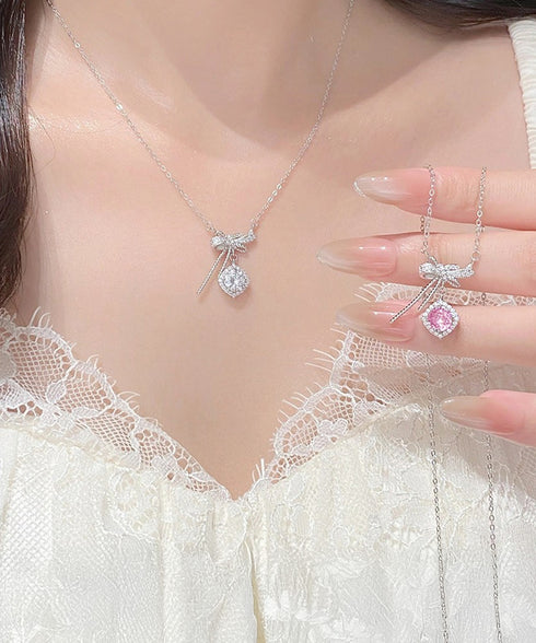 リボンネックレス レディース結婚式韓国風 プチプラアクセサリー ジュエリー 大人可愛い首飾り 細チェーンネックレス きらきら輝くラインストーン パーティー ギフト 89MIGE-004