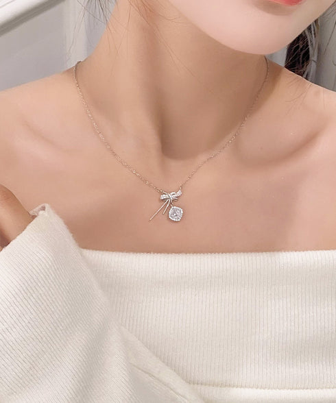 リボンネックレス レディース結婚式韓国風 プチプラアクセサリー ジュエリー 大人可愛い首飾り 細チェーンネックレス きらきら輝くラインストーン パーティー ギフト 89MIGE-004