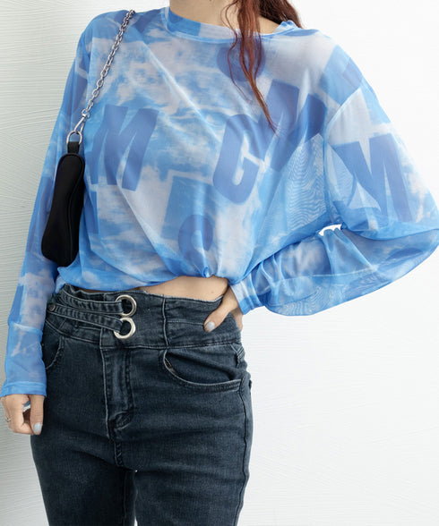 シアートップス 長袖レディースカットソー ムラ染めTシャツ 透け感 プルオーバー 英文字ロゴトップス 重ね着 セクシー 肌見せ クルーネックtシャツ 日焼け対策 89NUOYI-001