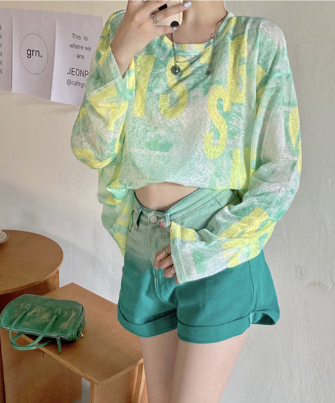 シアートップス 長袖レディースカットソー ムラ染めTシャツ 透け感 プルオーバー 英文字ロゴトップス 重ね着 セクシー 肌見せ クルーネックtシャツ 日焼け対策 89NUOYI-001