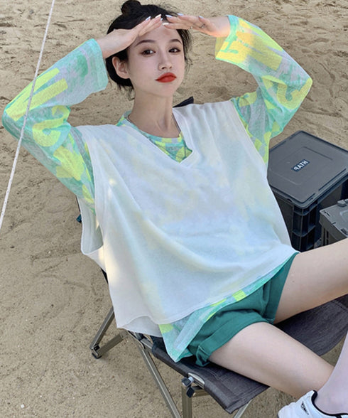 シアートップス 長袖レディースカットソー ムラ染めTシャツ 透け感 プルオーバー 英文字ロゴトップス 重ね着 セクシー 肌見せ クルーネックtシャツ 日焼け対策 89NUOYI-001