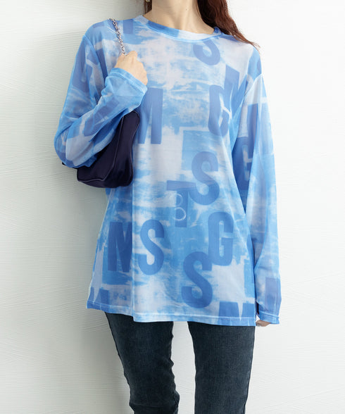 シアートップス 長袖レディースカットソー ムラ染めTシャツ 透け感 プルオーバー 英文字ロゴトップス 重ね着 セクシー 肌見せ クルーネックtシャツ 日焼け対策 89NUOYI-001