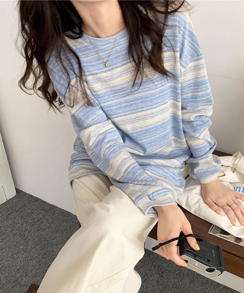 Tシャツ 韓国風 カットソートップス春秋 長袖Tシャツ レディース クルーネック ゆったりトップス インナーシャツ お洒落 着やせプルオーバー 体型カバートップス 89NUOYI-002